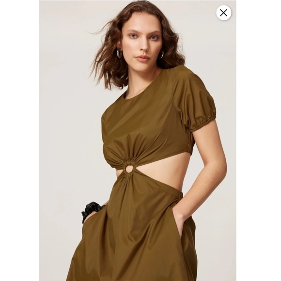Staud Calypso Cut-out Waist Midi Dress  Caper Green Puff Short Sleeve - Picture 4 of 10